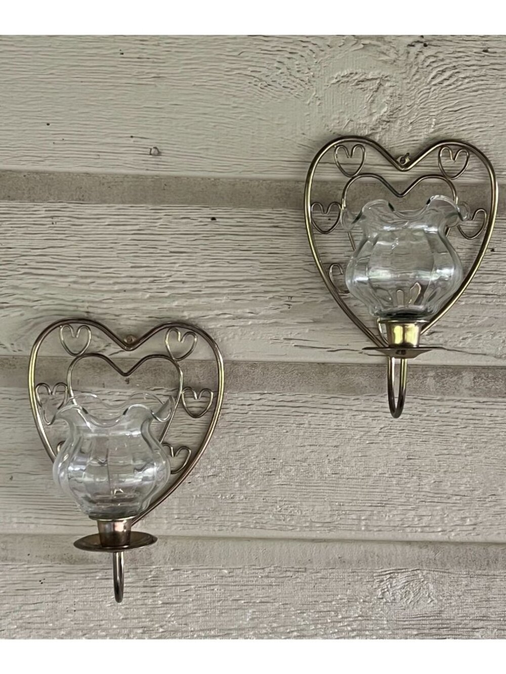 2 Homco Heart-Shaped Brass Wall Candle Holders Ruffled Votive Glass Shades Set